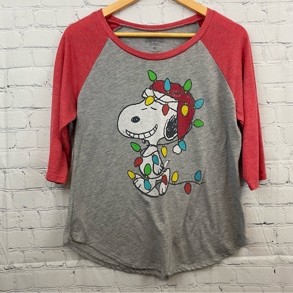 Peanuts Snoopy Christmas String Lights Gray & Red Baseball Jersey Womens XL